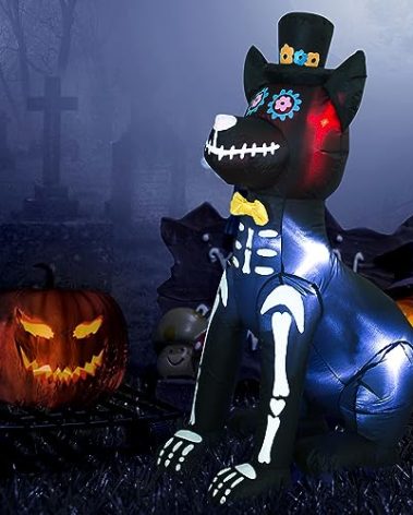 AJY 4 Feet Halloween Inflatable Dog Skeleton Spooky Town Skeleton Yard Art Décor Inflatable LED Lights Halloween Display Blow up Lighted Yard Decor Lawn Home Garden Party Favor Decoration