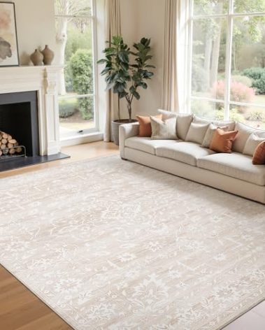 Soalmost 6x9 Area Rugs for Living Room, Stain Resistant Neutral Washable Rugs for Dining Room, Floral Vintage Non-Slip Thin Area Rug Farmhouse Rug Beige