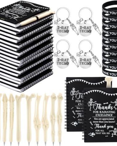 Resurhang 10 Sets Radiology Tech Gifts with 10 Novelty Bone Ballpoint Pens 10 Thank You Inspirational Notebooks 10 X-Ray Tech Keychains 10 Silicone Bracelets for Nurse Doctor Gift