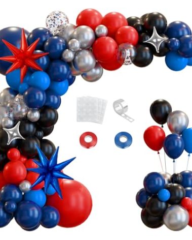 LumaZoa 147pcs Spider Balloon Arch Kit with Starburst Balloons Navy Blue Red Black Silver Superhero Baseball Theme Garland for One Birthday Party Graduation Class of 2025 Decorations