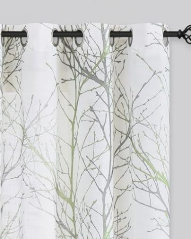 FMFUNCTEX Linen Semi Sheer Curtains for Bedroom, Sage Green White Curtains 72 Inches Long for Living Room, Grey Tree Branch PPrint Curtain Light Filtering Farmhouse Window Drapes, Grommet Top 2 Panels
