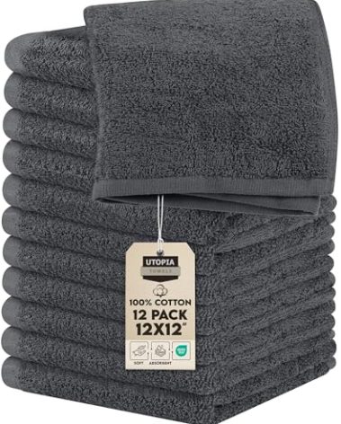 Utopia Towels 12 Pack Cotton Washcloths Set, 100% Ring Spun Cotton, Premium Flannel Face Cloths, Highly Absorbent and Soft Feel Fingertip Towels, Grey