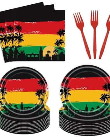 96 PCS Reggae Birthday Tableware Set Disposable Jamaican Rastafari Palm Tree Grafitti Happy Birthday Party Supplies Dinnerware Set for 24 Guests Include Dinner Plates,Napkins,Forks
