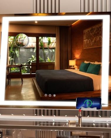 Hasipu Vanity Mirror with Lights, 24.2" x 19.7" LED Makeup Mirror, Light up Mirror with 10X Magnification and USB, Phone Holder, Smart Touch 3 Colors Dimmable, 360° Rotation (Right Angle White)