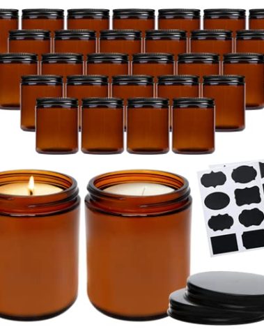 QAPPDA 8oz Amber Candle Jars Set of 30,Round Glass Jar with Black Lids,Empty 250ml Glass Candle Making Jar Bulk Thick Small Food Storage Jars for Spice,Candy,Powder