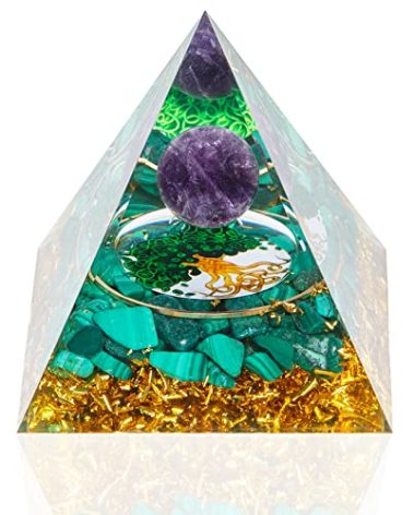 Orgonite Pyramid, Natural Amethyst Malachite Orgone Pyramid, Protection Crystals Energy Generator for Stress Reduce Meditation, Attract Wealth Lucky
