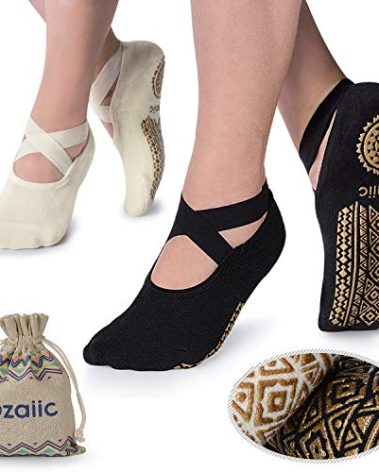 Yoga Socks for Women Non-Slip Grips & Straps, Ideal for Pilates, Pure Barre, Ballet, Dance, Barefoot Workout (2 Pairs- Black/Beige（1st Anniversary edition）, one_size)
