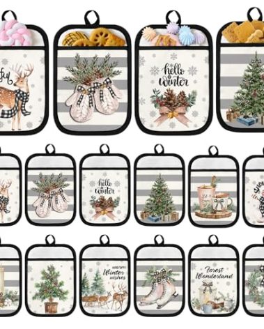 Jingmore 12 Pcs Christmas Winter Pot Holders with Pocket for Kitchen Xmas Pot Mat Machine Washable Oven Mitts Heat Resistant Hot Pads Cookie Bag for Baking Cooking Appreciation Gift 7 x 9 Inch