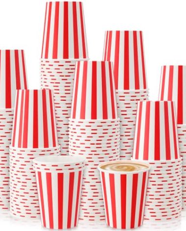 Fullhawl 100 Pcs Red Stripe Disposable Paper Cups for Carnival Party Disposable Drinking Cups Set Striped Paper Supplies Birthday Circus Decorations for Christmas Coffee Tea Juice (9 oz)