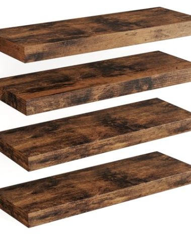 Fixwal 15.8in Floating Shelves, Rustic Wood Finish Wall Shelves Set of 4, Shelves for Wall Decor, with Invisible Brackets for Bathroom, Living Room,Bedroom and Kitchen(Rustic Brown)