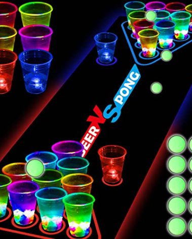 YHFUISK Glow in The Dark Beer Pong Table Mat, Drinking Game Pong Game with Party Cups, Glow Pongs for Indoor Outdoor Party Game Party Supplies Decoration Flashing&Red&Blue1