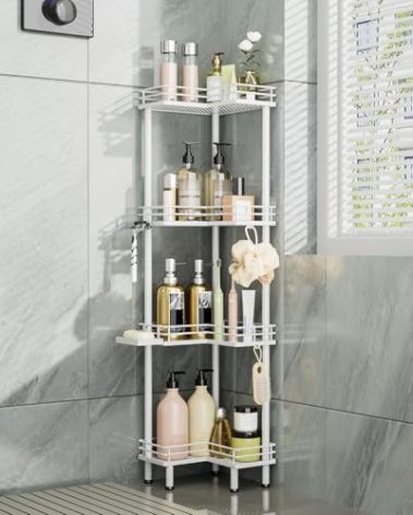 Consumest Corner Shower Caddy Standing - 4-Tier Stainless Steel Shower Organizer with Soap Holder and 4 Hooks, Large Capacity Corner Shelf Stand for Bathroom, Rest Room, White