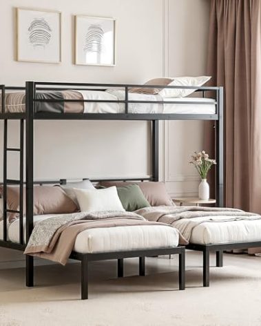 Mixcous Heavy Duty Triple Bunk Bed, Twin Over Twin Over Twin with Guardrails and Ladder, Metal Bunk Bed for 3, 3 Bed Teens and Adults, No Box Spring Needed, Black