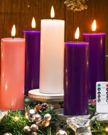 VIHOSE 5 Pcs Advent Candles Purple Pink White Flameless LED Pillar Candle Set Centerpiece Wreath Accessories Home Decor Seasonal Church Supplies for Xmas Wreath(Advent,5 x 15 cm)