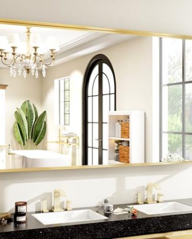 Easly 48 x 30 Inch Gold Bathroom Mirror, Rectangular Wall Mounted Shatterproof Mirror, Aluminum Alloy Frame with Rounded Corners, Horizontal or Vertical for Farmhouse Decor