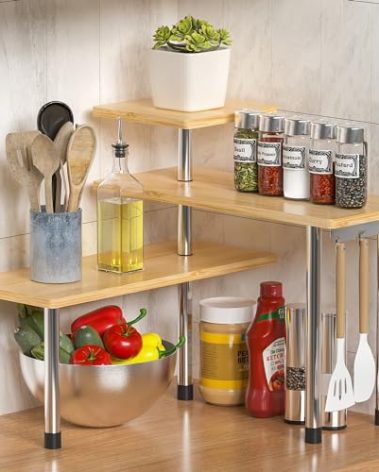 ZHWS Kitchen Countertop Organizer Spice Rack for Salt, Bathroom Counter Organizer Over Sink for Makeup, Skincare, Adjustable 3-Tier Corner Counter Shelf with 4 Hooks for Coffee Bar Dresser Table