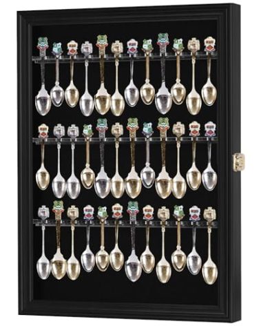 36 Souvenir Tea Spoon Display Case Rack Wall Mountable Cabinet Frame with Lockable Door Black Finish