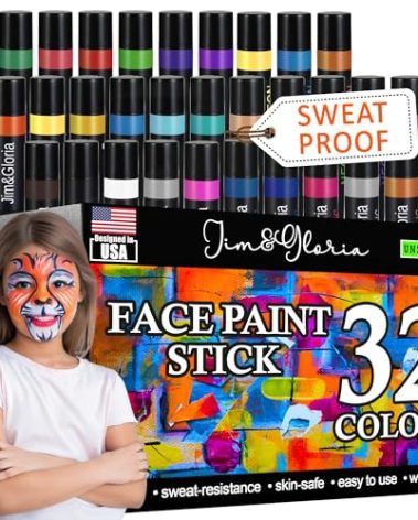 Jim&Gloria Face Paint Kit Bulk 32 Professional Face Painting Kit for Kids Party, Metallic, Neon, Classic Facepaint Crayons, Washable Body Paint Adults, Halloween Makeup, Boys Girls Gifts Crafts Toys