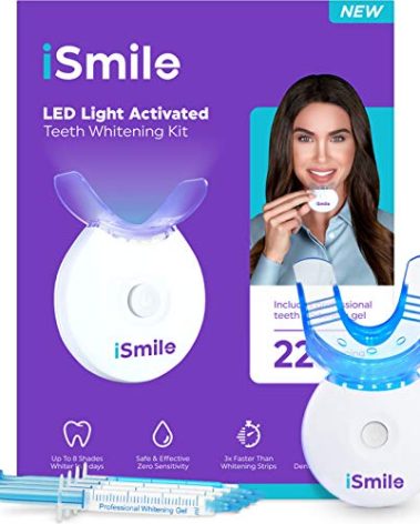 iSmile Teeth Whitening Kit - LED Light, 35% Carbamide Peroxide, (3) 3ml Gel Syringes, (1) Remineralization Gel, and Tray.