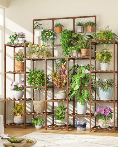 EnHomee 63''H Plant Stand Indoor Tall Plant Stands Outdoor with 7 Tiers and 14 Potted Upgrade Wood Plants Shelves Stand for Living Room Patio Balcony Yard Garden, 11.8''D×56''W×63''H