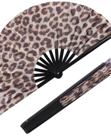 Plzoslly Large Folding Hand Fan for Men/Women, Rave Handheld Fan, Clack Summer Rave Handheld Fan for Disco Party, Beach, Dancing, Gift(Leopard)