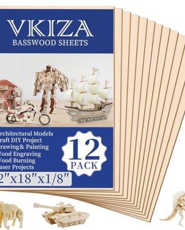 12 Pack Basswood Sheets for Crafts 12x18x1/8 Inch, 3mm Thick Unfinished Plywood for Laser Cutting & Engraving, DIY Ornaments and Architectural Model