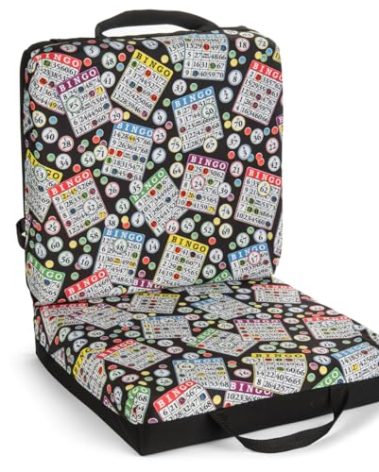Classic Bingo Pattern Seat Cushion – Extra Thick 3” Bingo Pillow with Strap, Storage Pouch & Handles – Comfortable Folding Chair Cushion for Bingo Nights