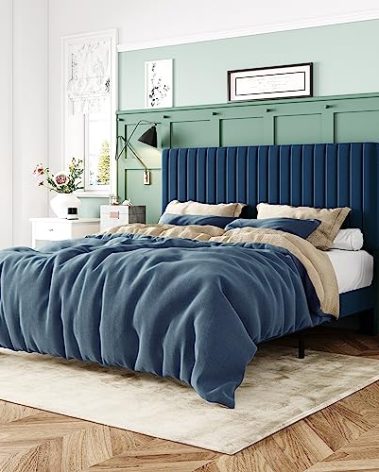 Allewie Full Bed Frame, Velvet Upholstered Platform Bed with Adjustable Vertical Channel Tufted Headboard, Mattress Foundation with Strong Wooden Slats, Box Spring Optional, Easy Assembly, Navy Blue