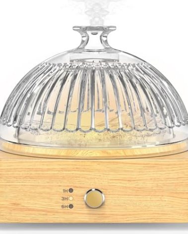 Lecdura Glass Essential Oil Diffuser Humidifier, 200ml Ultrasonic Aroma Diffusers with Glass Reservoir Wood Base Auto-Off Timer, Dusk Flame Warm Light Dome Air Diffuser for Home