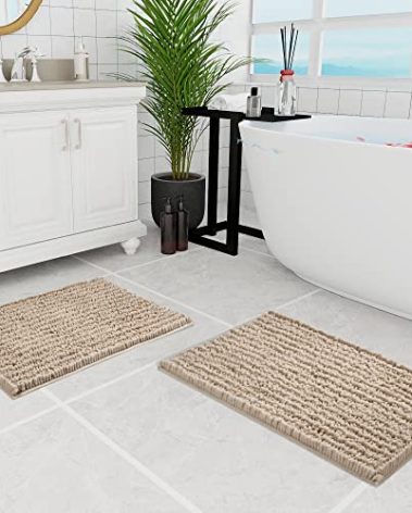 Walensee Bathroom Rug 2 Pieces Set Non Slip Bath Mat (20"x32" Plus 20"x32" Beige) Water Absorbent Super Soft Shaggy Chenille Machine Washable Dry Extra Thick Perfect Carpet for Shower Floor