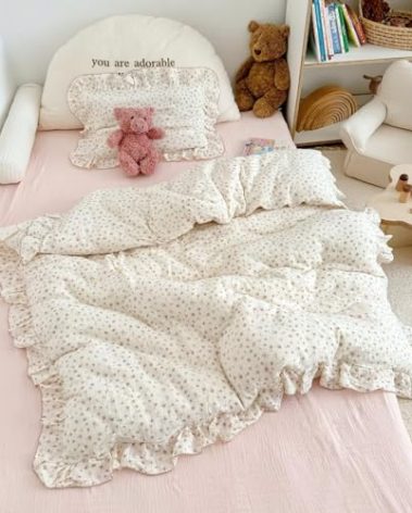 BuLuTu Muslin Cotton Pink Floral Print Duvet Cover for Toddler Girls Kids Comforter Cover for Toddler Bed/Crib Duvet Cover with Ruffles, 47"x59", No Pillow Cases