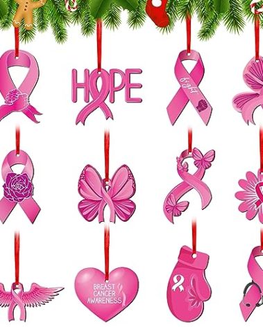 12 Pcs Breast Cancer Ornaments for Tree Pink Ribbon Wooden Sign Breast Cancer Ornaments for Christmas Tree Wooden Pendants Double Sided Christmas Ornament for Xmas Party Decor