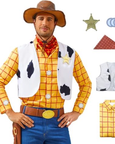 LILLIWEEN Woody Shirt Cowboy Vest Bandana Sheriff Badge Set Men's Halloween Cosplay Costume Kit Accessory L