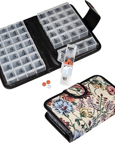 Floral Pill Case Box, 14 Day Pill Holder Pill Container & Medication Organizer, Travel Case - 4 Marked Compartments for Each Day of The Week - Morn, Noon, Eve, Bed