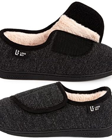 LongBay Diabetic Slippers Woman Comfy Cozy Furry Memory Foam House Shoes for Arthritis Edema (9 B(M), Black)