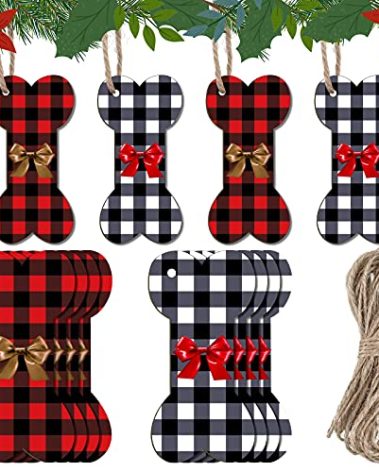 24 Pieces Dog Bone Christmas Ornaments Bone Shaped Buffalo Plaid Christmas Decorations Dog Hanging Wooden Black Red and White Ornaments for Crafts Tree Decor