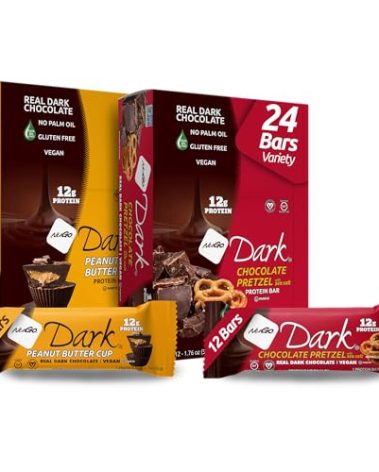 NuGo Dark Variety - Pretzel with Sea Salt 12 Bars & Peanut Butter Cup 12 Bars, 12g Protein Bar, Vegan, Gluten Free, Non-GMO, Kosher Pareve, 24 Count Variety