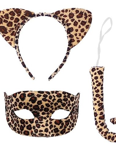 Halloween Cat Cosplay Accessories Set Cat Ear Headband with leopard print Masquerade mask for Women Halloween Costume accessory for Women Party Costume