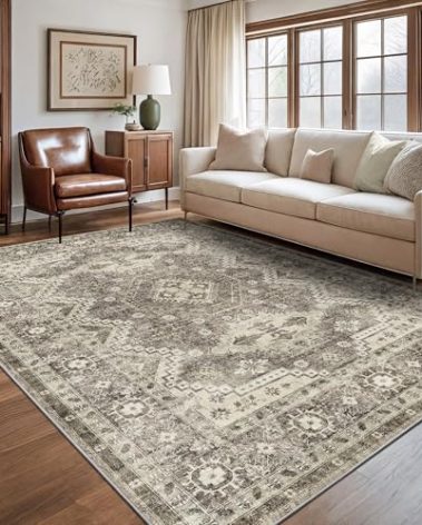 Rugland 5x7 Area Rugs - Stain Resistant Washable Rug, Anti Slip Rugs for Living Room, Vintage Tribal Area Rugs(TPR07-Ivory, 5'x7')