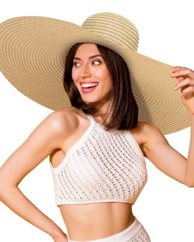 Oversized Sun Straw Hat for Women, UPF 50+ Floppy Wide Brim Summer Hat, Foldable Roll Up Travel Hat (Brown, 9.8 Inches Brim Width)