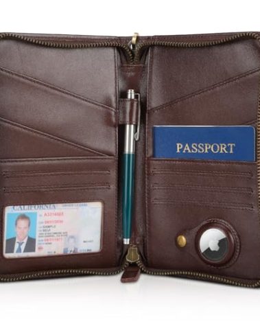 Polare Napa Leather Passport Holder Cover Case for Men and Women RFID Blocking Family Travel Wallet Holds 6 Passports (Coffee with AirTag Slot)