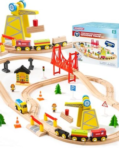 60PCS Wooden Train Set - Construction Express, Engineering Railway with Magnetic Crane, Trains & Accessories, Perfect Christmas Birthday Party Toy Gift for Kids Toddlers Boys Girls Ages 2-8