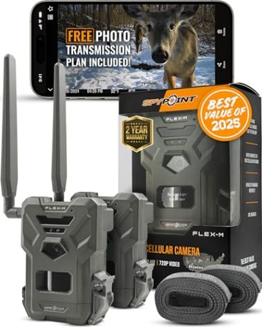 SPYPOINT Flex-M Twin Pack Cellular Trail Cameras - Best Hunting Accessories, No WiFi Needed, GPS, Night Vision, Dual-Sim LTE, IP65 Water-Resistant Game Camera, 28MP Photos, 720p Videos + Sound (2)