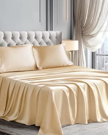 Axyu Bedding Set, California King Size Bed Sheets, 4 Pcs Luxury Satin Sheets Silky Sheets with 17 Inches Deep Pocket