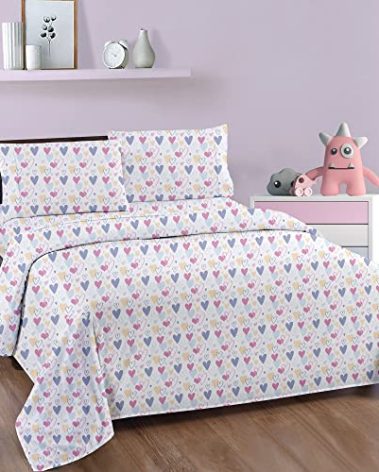 Softan Microfiber Kids Bed Sheet Set, Full Size Fitted Sheet, Breathable & Silky Soft Feeling, 4 PCs Pink Heart Design