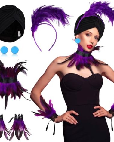 Mkhaslri 5 Pcs Villain Costume Accessories for Women Black Elastic Hair Removal Cap Blue Button Earrings Purple Feather Collar Feather Headband Gloves Wristband Cuff Halloween Cosplay Favor Supply