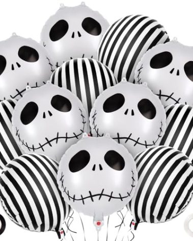 12 Pcs Black and White Striped Balloons, Skeletons Skull Foil Balloons, Halloween Party Decorations, Halloween Balloon for Hallow Birthday Baby Shower Masquerade Themed Party Decorations