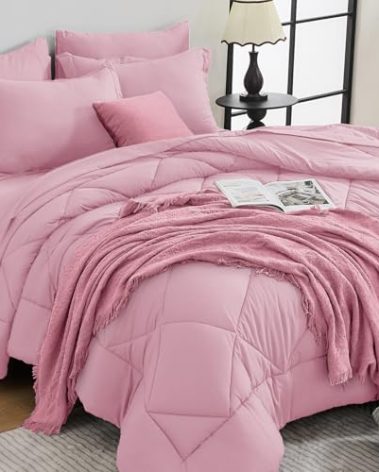 HEVUMYI Pink Twin Comforter Set - 5-Piece All Season Bed in a Bag Twin, Ultra Soft Bedding Set with Comforter, Flat Sheet, Fitted Sheet, Pillowcases, Pillow Shams, Pink