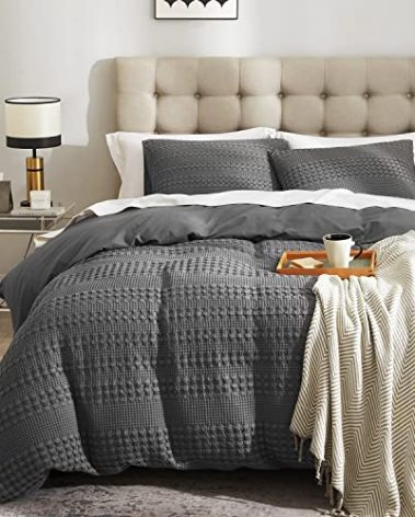 Ivellow Waffle Weave Duvet Cover Set - 100% Cotton, Queen Size, Textured Grey, Cozy Soft Breathable, Skin-Friendly Luxury Comforter Cover, All Season, 90"x90"