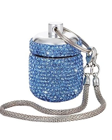 Bling Rhinestone Pill Bottle Organizer Daily Travel Pill Case Container Ring Holder Small Medicine Holder Box for Vitamin Supplement Gum with Keychain(Light Blue)